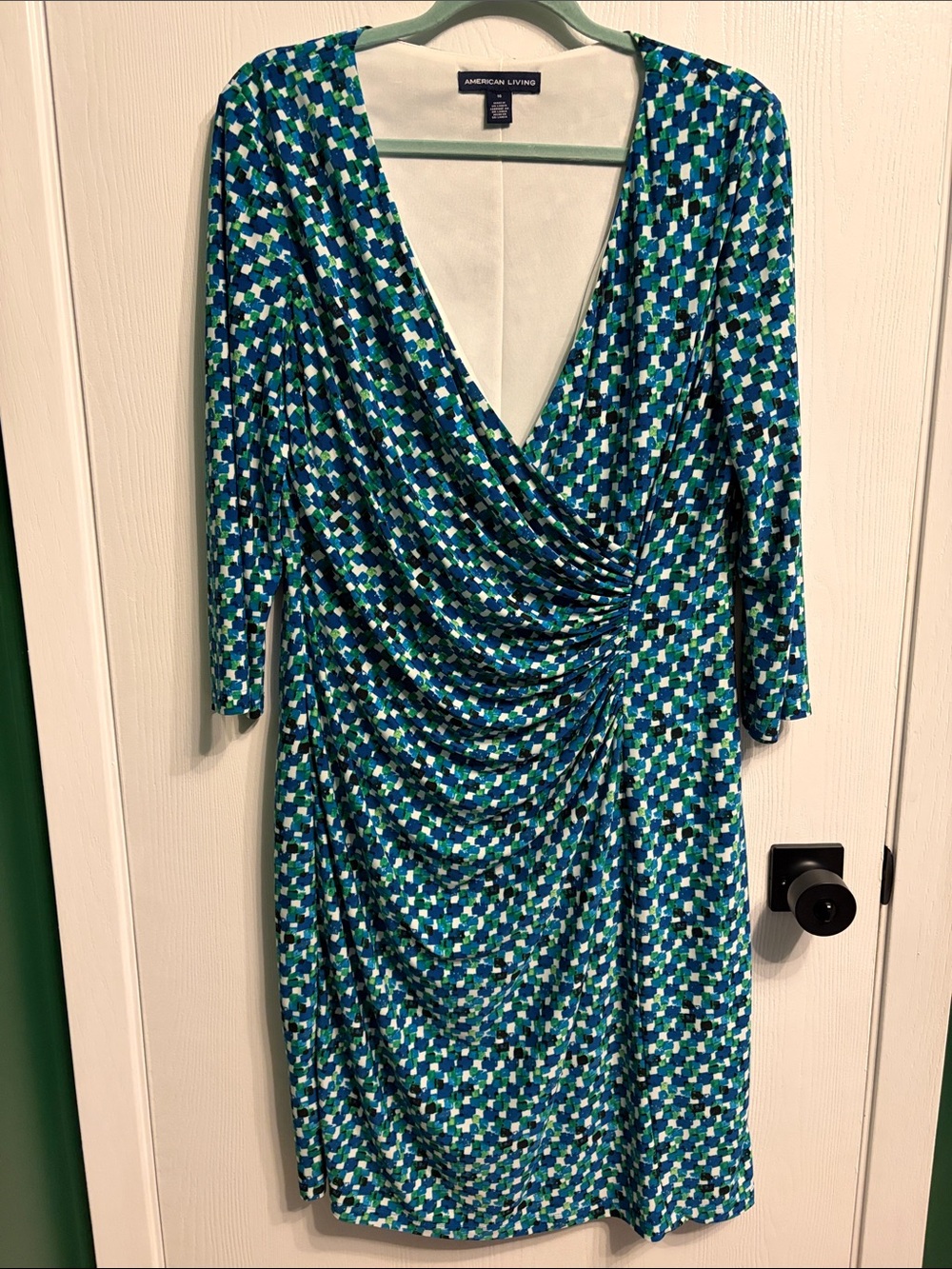 American Living Blue & Green Geometric Faux-Wrap mini Dress size 16